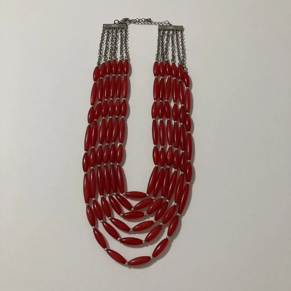 Red Silver Tone Multi-Strand Multi-Layered Beaded Statement Bib Necklace
